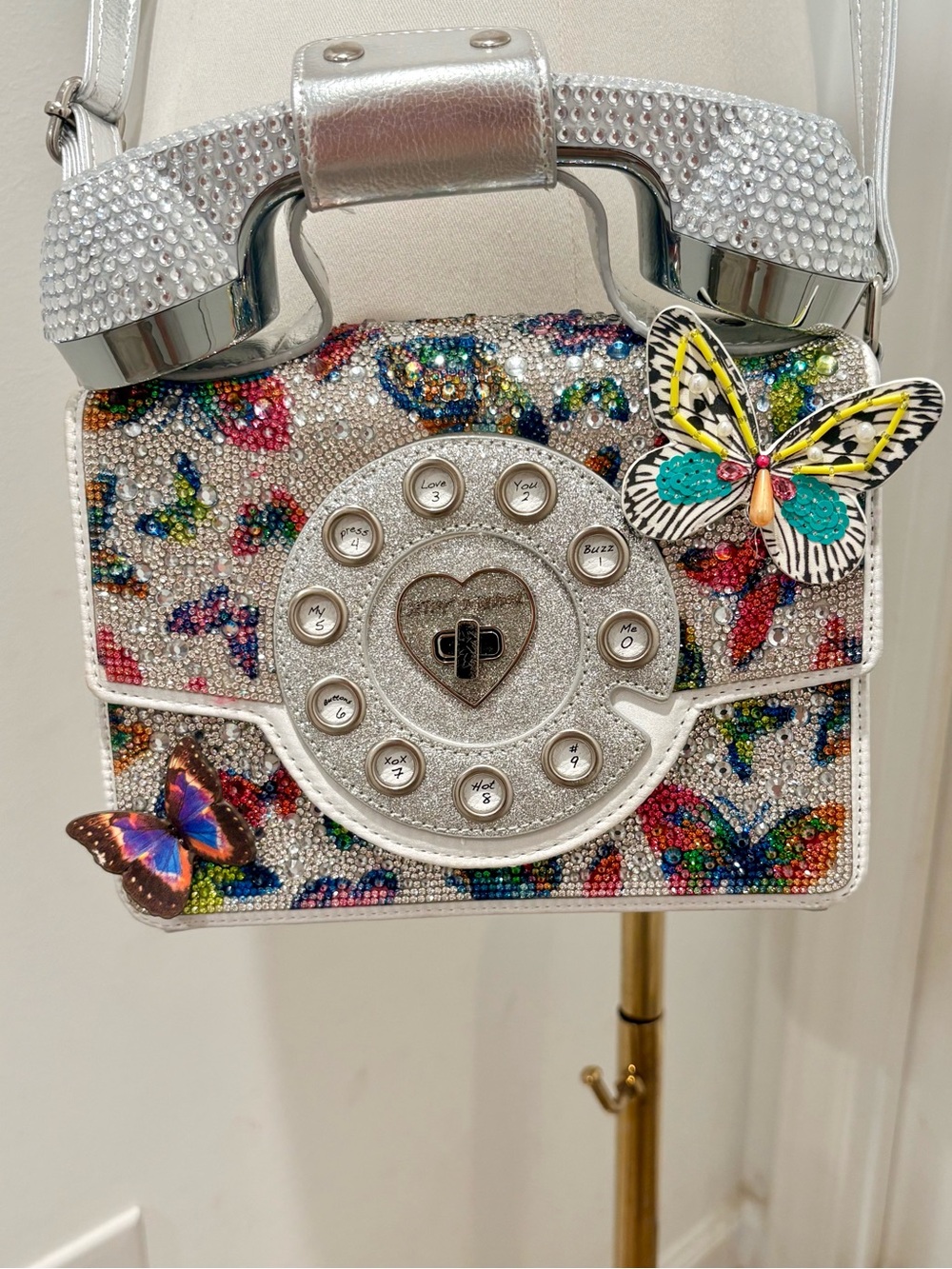 Betsey Johnson Rhinestone Butterfly Phone Crossbody Bag- phone really works!